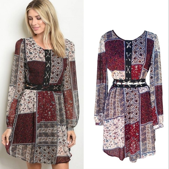 Patchwork Bohemian Dress Burgundy Long Sleeve Boho Style - Picture 2 of 5